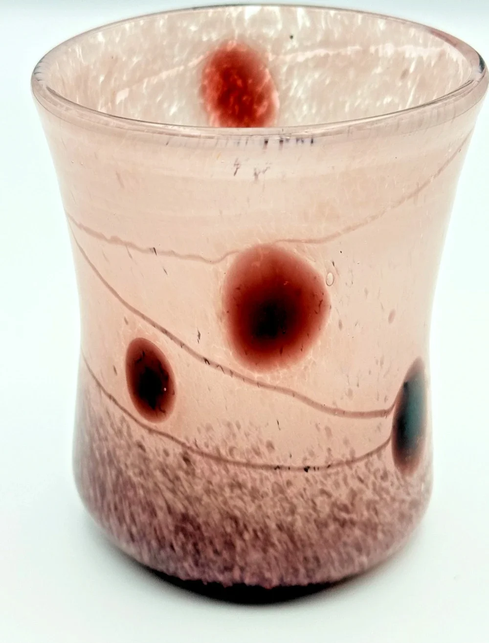 Handblown Studio Art Glass Tumbler Vase Pink Floating Purple Thumbprint Trails